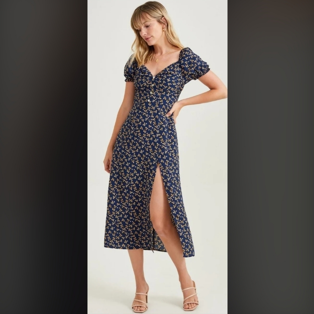 Altar'd State Nevy Blue Yellow Floral Short Puff Sleeve Front Slit Midi Dress